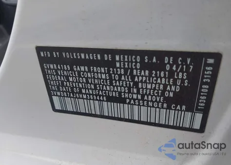 2017 Volkswagen Jetta 1.4T Se z USA, uszkodzony, nr VIN 3VWDB7AJ6HM369446